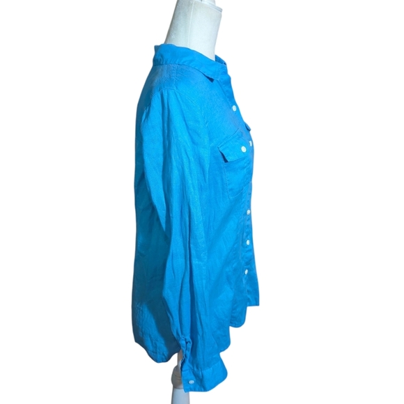J. Jill 100% Linen Turquoise Blue Classic Old Money Button Up Top Sz XS - Picture 2 of 11